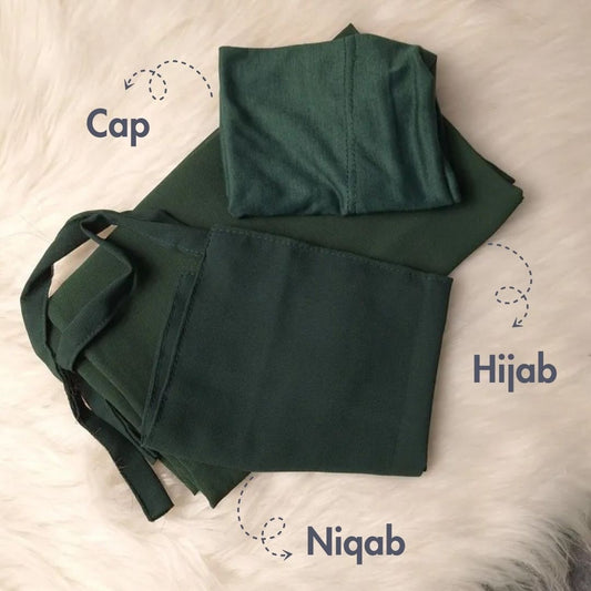 Georgette Hijab with same Niqab & Cap - Dark Green