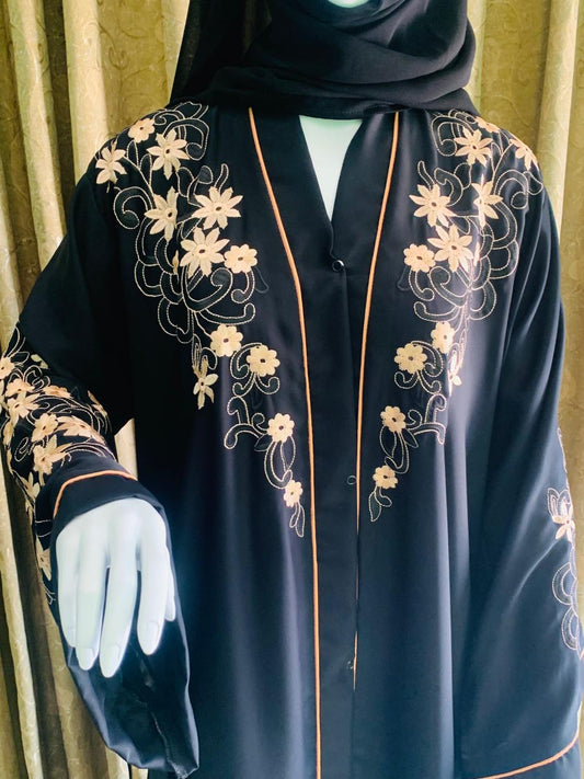 Embroidered Maxi Abaya - Abaya For Girls - Abaya For Girls Stylish - Hijab - Abaya For Women - Elegant beige floral embroidery on sleeves & shoulders