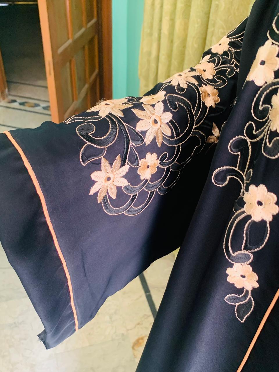 Embroidered Maxi Abaya - Abaya For Girls - Abaya For Girls Stylish - Hijab - Abaya For Women - Elegant beige floral embroidery on sleeves & shoulders