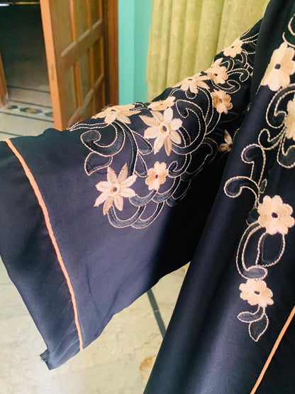 Embroidered Maxi Abaya - Abaya For Girls - Abaya For Girls Stylish - Hijab - Abaya For Women - Elegant beige floral embroidery on sleeves & shoulders