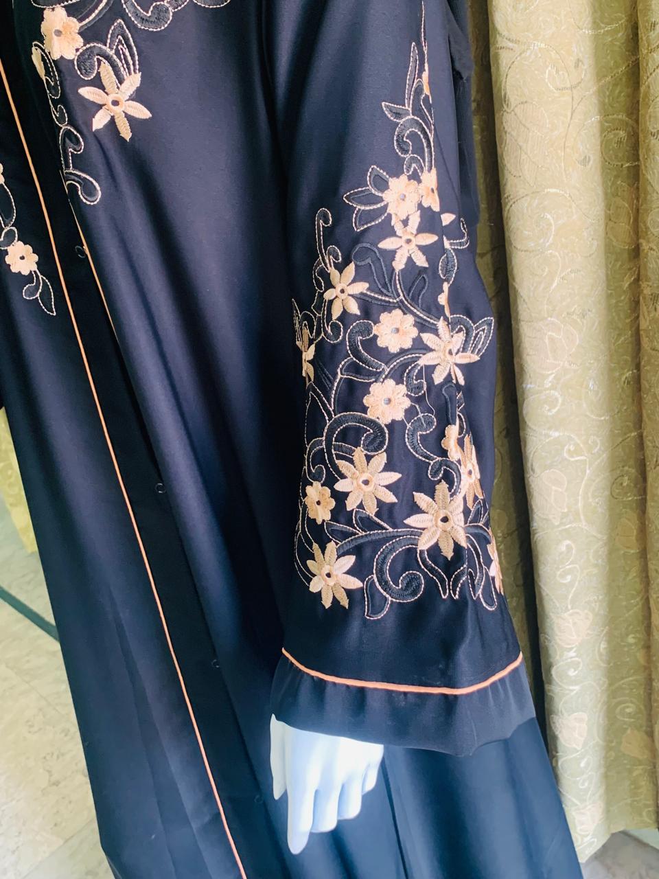 Embroidered Maxi Abaya - Abaya For Girls - Abaya For Girls Stylish - Hijab - Abaya For Women - Elegant beige floral embroidery on sleeves & shoulders