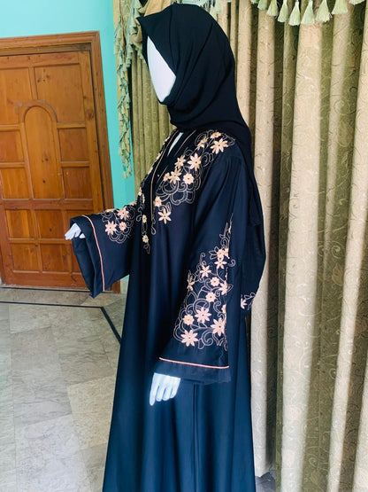 Embroidered Maxi Abaya - Abaya For Girls - Abaya For Girls Stylish - Hijab - Abaya For Women - Elegant beige floral embroidery on sleeves & shoulders