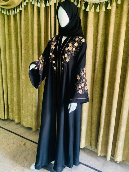 Embroidered Maxi Abaya - Abaya For Girls - Abaya For Girls Stylish - Hijab - Abaya For Women - Elegant beige floral embroidery on sleeves & shoulders