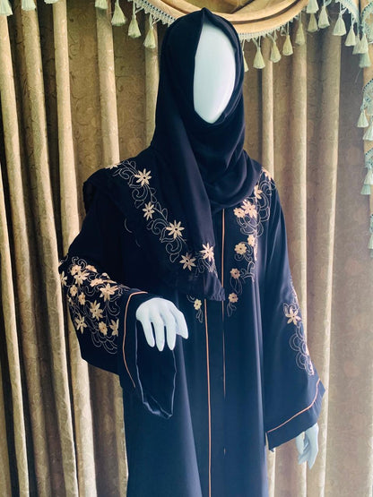 Embroidered Maxi Abaya - Abaya For Girls - Abaya For Girls Stylish - Hijab - Abaya For Women - Elegant beige floral embroidery on sleeves & shoulders