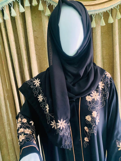 Embroidered Maxi Abaya - Abaya For Girls - Abaya For Girls Stylish - Hijab - Abaya For Women - Elegant beige floral embroidery on sleeves & shoulders