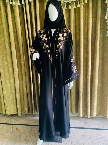 Embroidered Maxi Abaya - Abaya For Girls - Abaya For Girls Stylish - Hijab - Abaya For Women - Elegant beige floral embroidery on sleeves & shoulders