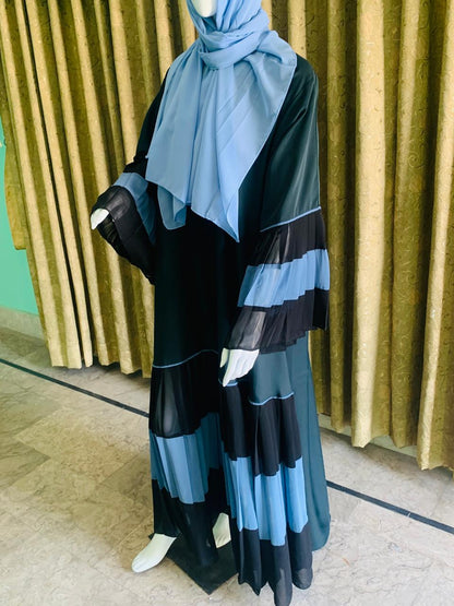 Black Nida base for smooth fall and comfort Abaya_Contrasting blue flair detailing on sleeves & border_Abayas for girls women