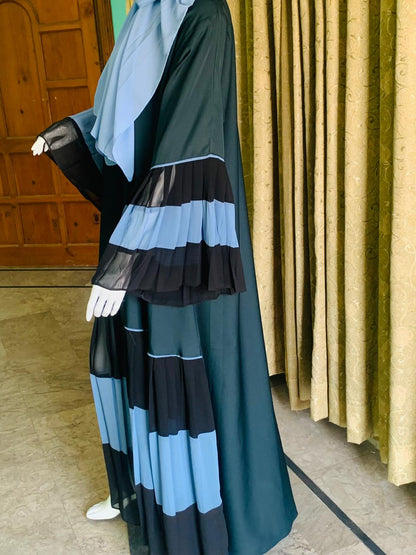Black Nida base for smooth fall and comfort Abaya_Contrasting blue flair detailing on sleeves & border_Abayas for girls women