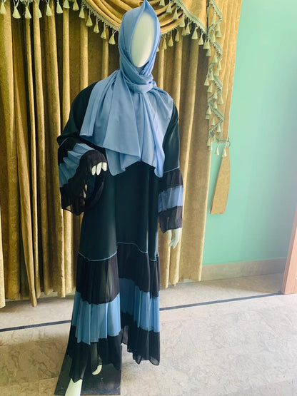 Black Nida base for smooth fall and comfort Abaya_Contrasting blue flair detailing on sleeves & border_Abayas for girls women
