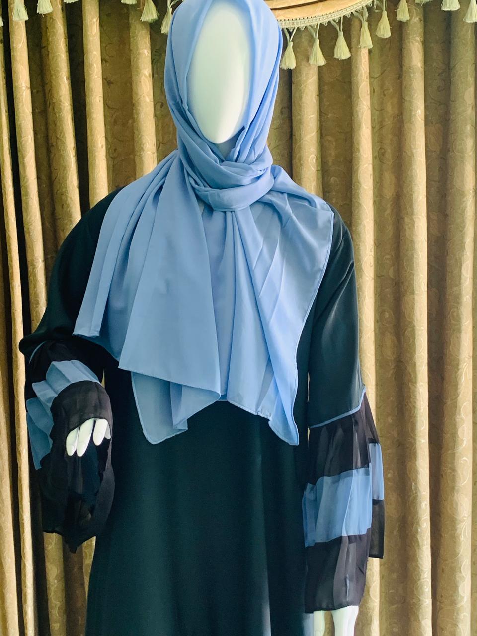 Black Nida base for smooth fall and comfort Abaya_Contrasting blue flair detailing on sleeves & border_Abayas for girls women