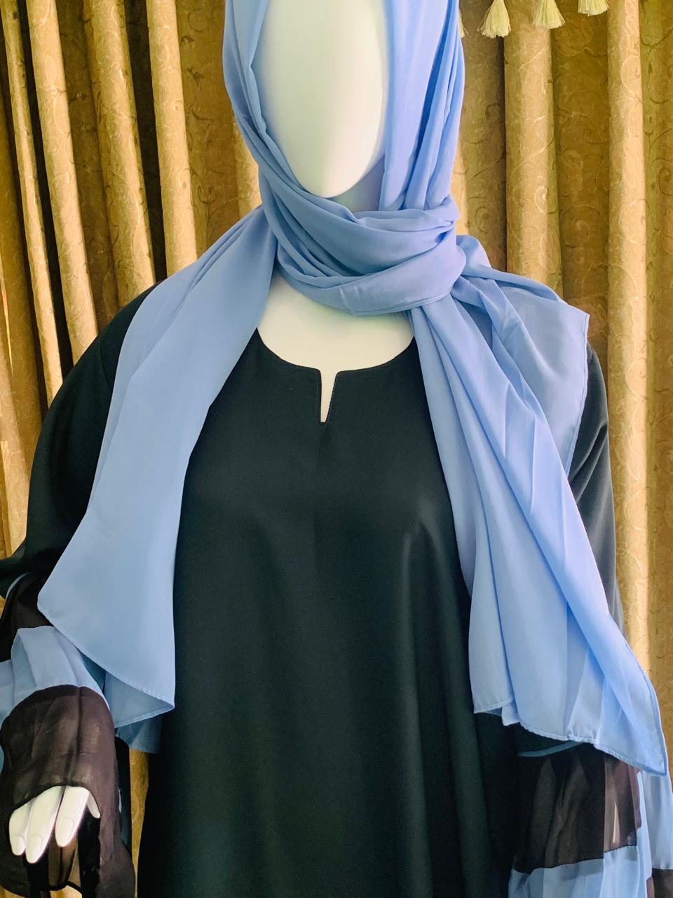 Black Nida base for smooth fall and comfort Abaya_Contrasting blue flair detailing on sleeves & border_Abayas for girls women