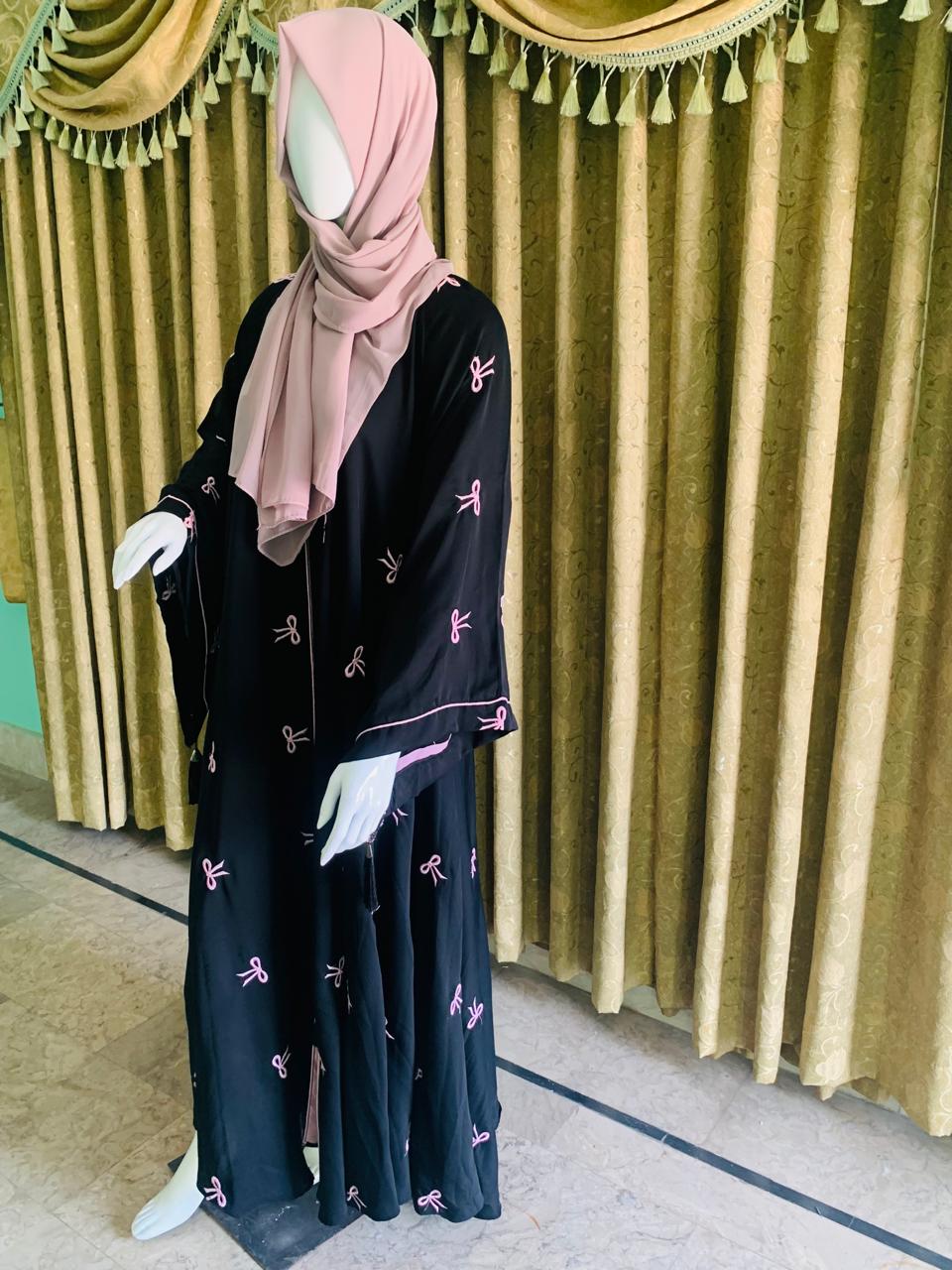 Embroidered Maxi Bow Abaya - Abaya For Girls - Abaya For Girls Stylish - Hijab - Abaya For Women -