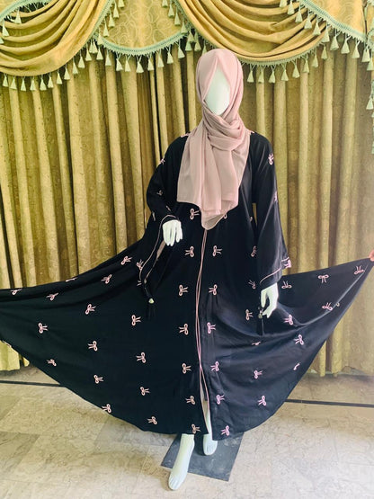 Embroidered Maxi Bow Abaya - Abaya For Girls - Abaya For Girls Stylish - Hijab - Abaya For Women -