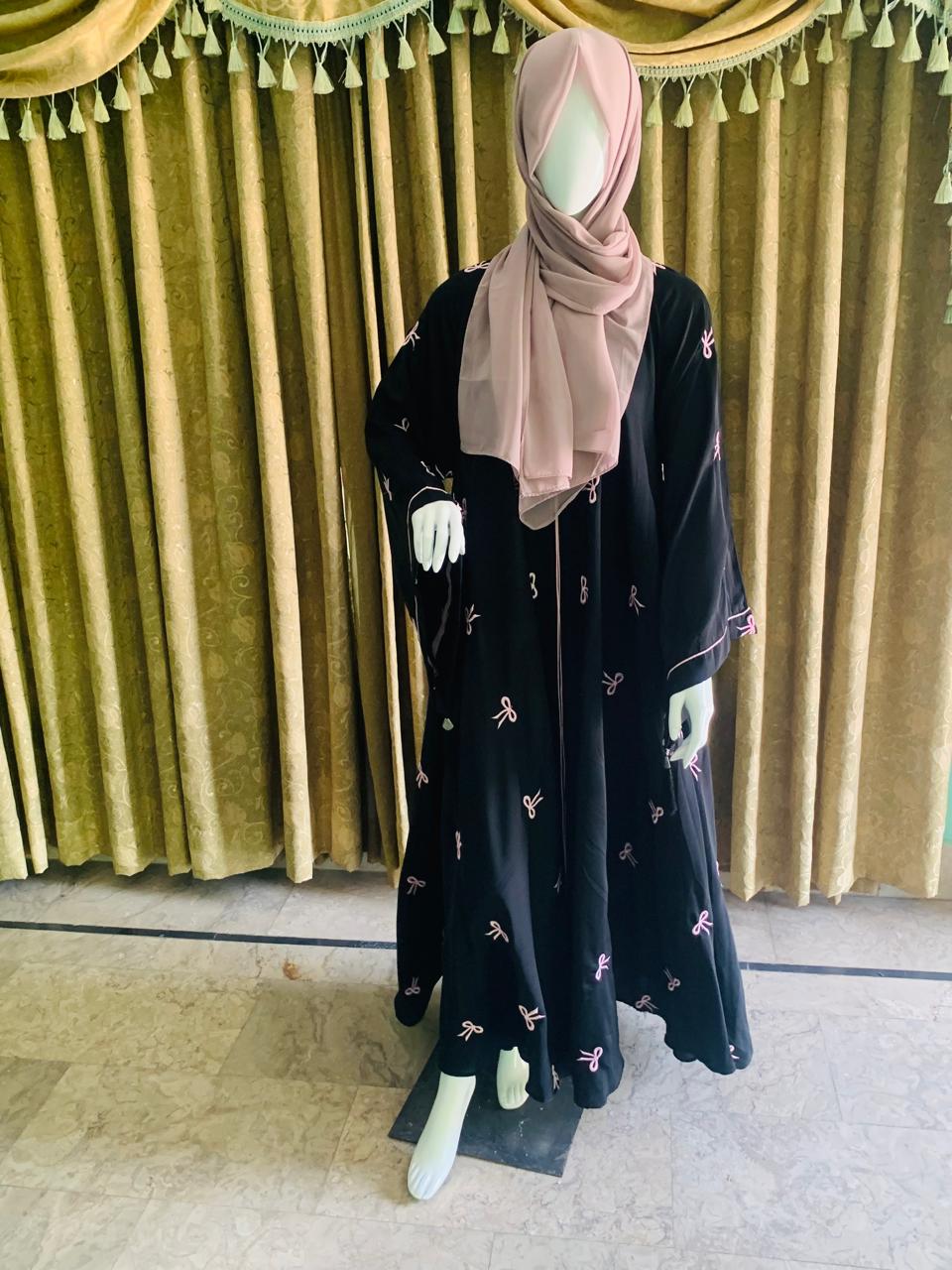 Embroidered Maxi Bow Abaya - Abaya For Girls - Abaya For Girls Stylish - Hijab - Abaya For Women -