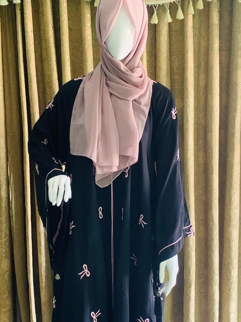 Embroidered Maxi Bow Abaya - Abaya For Girls - Abaya For Girls Stylish - Hijab - Abaya For Women -