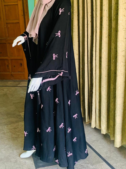 Embroidered Maxi Bow Abaya - Abaya For Girls - Abaya For Girls Stylish - Hijab - Abaya For Women -