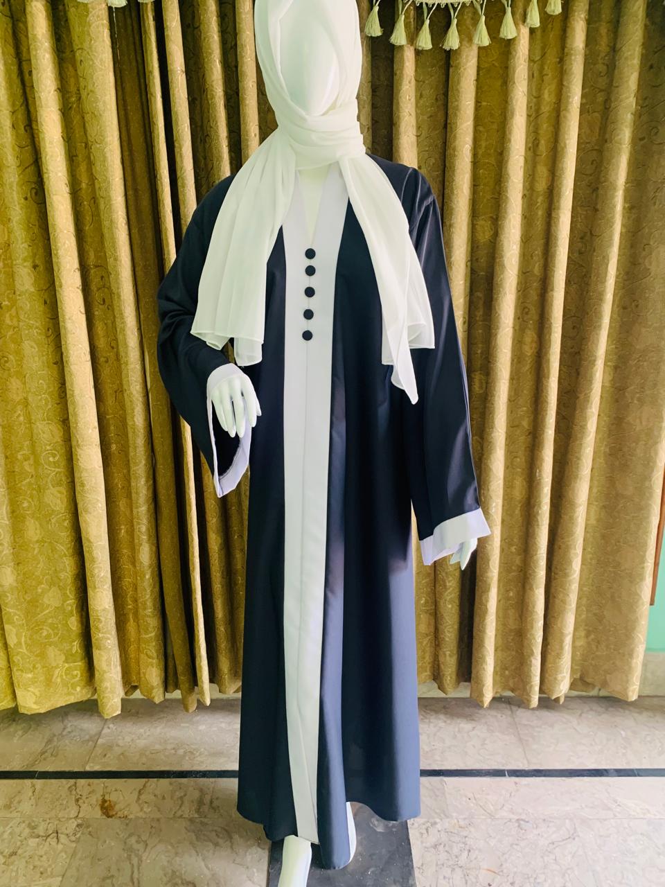 Nida Open Abaya with White Patti and Buttons