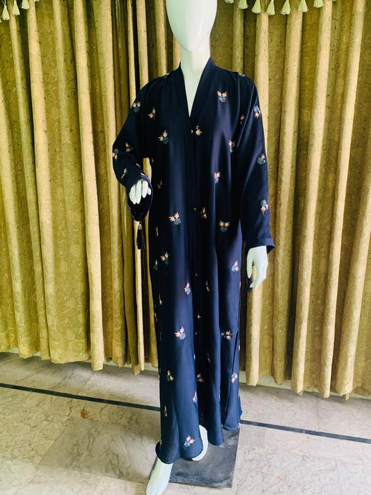 Blue Open Winter Abaya with Delicate Light Pink Embroidery – Elegant, Warm & Modest | Winter Exclusive Style from RK Collection