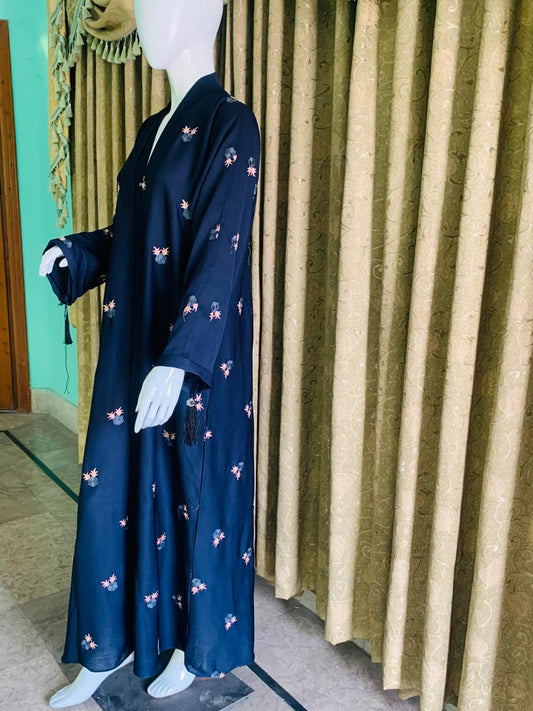 Blue Open Winter Abaya with Delicate Light Pink Embroidery – Elegant, Warm & Modest | Winter Exclusive Style from RK Collection