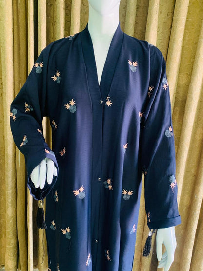 Blue Open Winter Abaya with Delicate Light Pink Embroidery – Elegant, Warm & Modest | Winter Exclusive Style from RK Collection