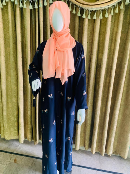 Blue Open Winter Abaya with Delicate Light Pink Embroidery – Elegant, Warm & Modest | Winter Exclusive Style from RK Collection