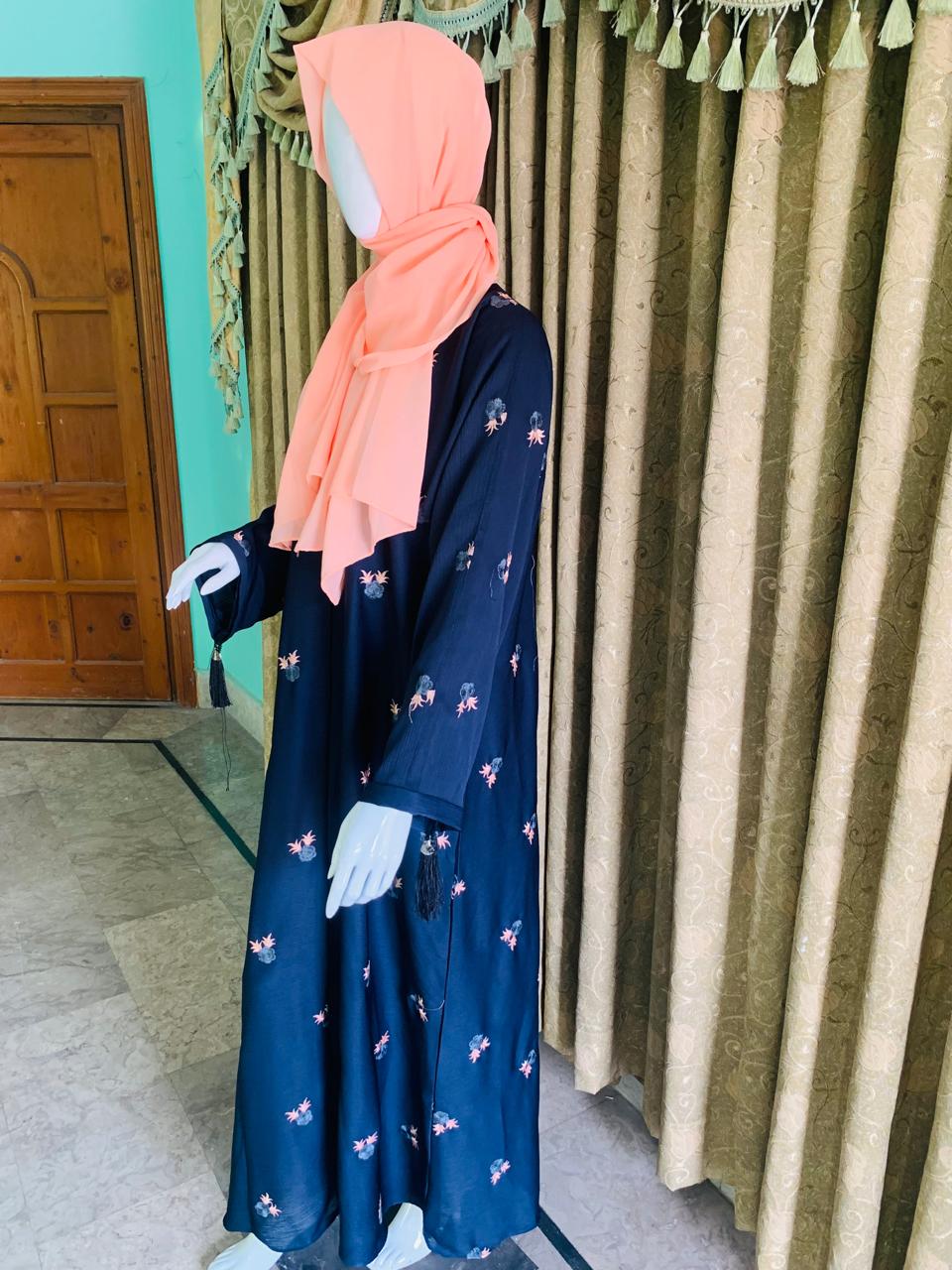 Blue Open Winter Abaya with Delicate Light Pink Embroidery – Elegant, Warm & Modest | Winter Exclusive Style from RK Collection