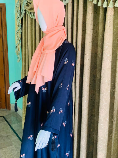 Blue Open Winter Abaya with Delicate Light Pink Embroidery – Elegant, Warm & Modest | Winter Exclusive Style from RK Collection