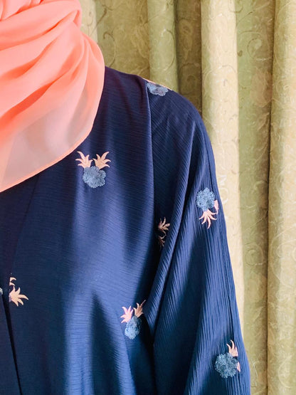 Blue Open Winter Abaya with Delicate Light Pink Embroidery – Elegant, Warm & Modest | Winter Exclusive Style from RK Collection