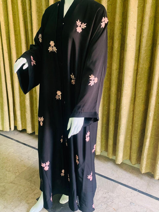 Black Open Abaya with Elegant Light Pink Embroidery – Winter Modest Wear