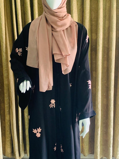 Black Open Abaya with Elegant Light Pink Embroidery – Winter Modest Wear